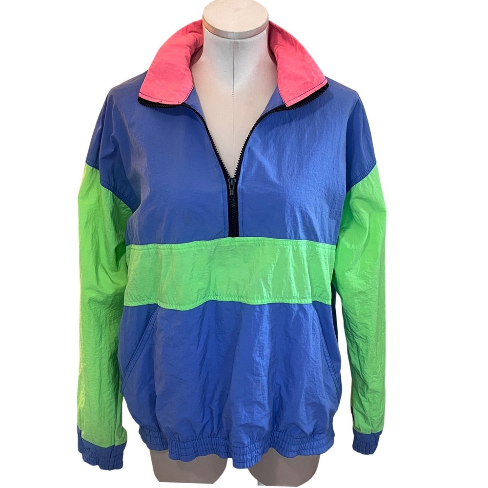 Shore Club Vintage 90s Neon Colorblock Windbreaker Blue Green Pink Medium Preppy